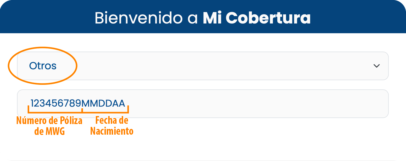 Formulario de muestr. Bienvenido a Mi Cobertura. Otros. 123456789MMDDAA(Número de Póliza y Fecha de Nacimiento)