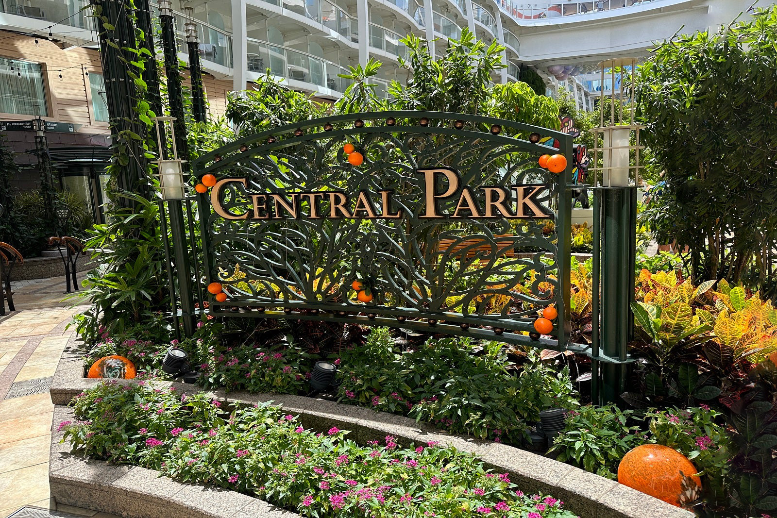 Central Park sign surrounded by greenery, on ship's deck